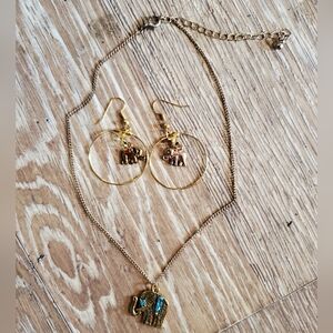Gold Elephant Hoop Earrings and Pendant Necklace Set - Gold